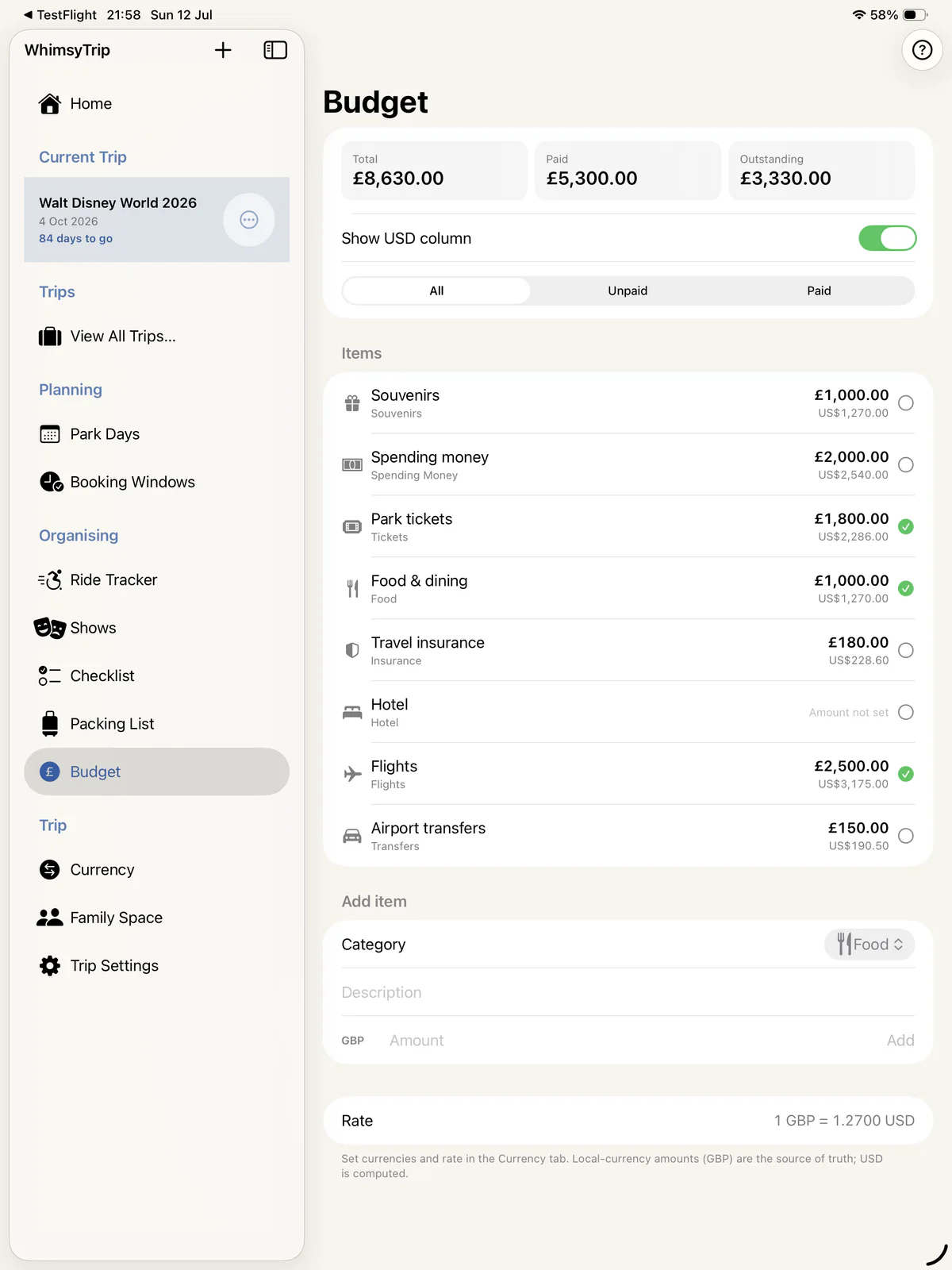 WhimsyTrip Budget screen